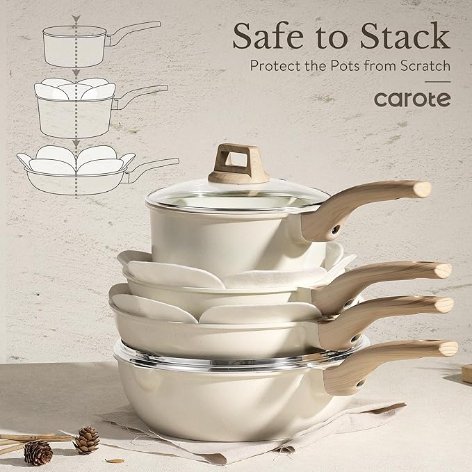 CAROTE ICE 35pcs Pots and Pans Set Nonstick Cookware Sets White Granite Induction Cookware with Kitchen Knife Set