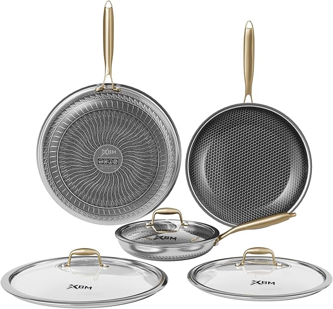 Honeycomb Stainless Steel Nonstick Frying Pan with Lid Set Induction Cooktop Compatible Skillet PFOA-Free Scratch-Proof Dishwasher &amp Oven Safe Gold Kitchen Cookware