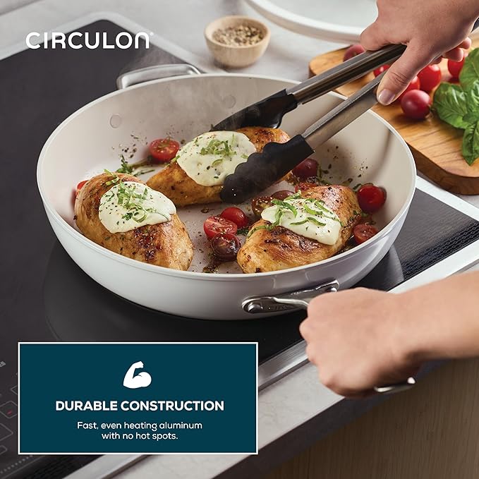 Circulon Halo with LaserDefense Ceramic Nonstick Frying Pan with Helper Handle and Lid Made without PFAS Compatible with All Stovetops Dishwasher and Oven Safe 12 Inch Skillet - Pearl White