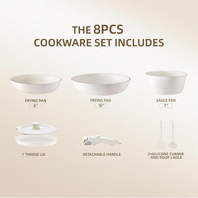 8PCS Ceramic CookwareNonstick Ceramic Pan Removable Handle Pots and Pans Set Stackable Pan Set Nonstick Pots and Pans Set Non Stick pot for HomeRV