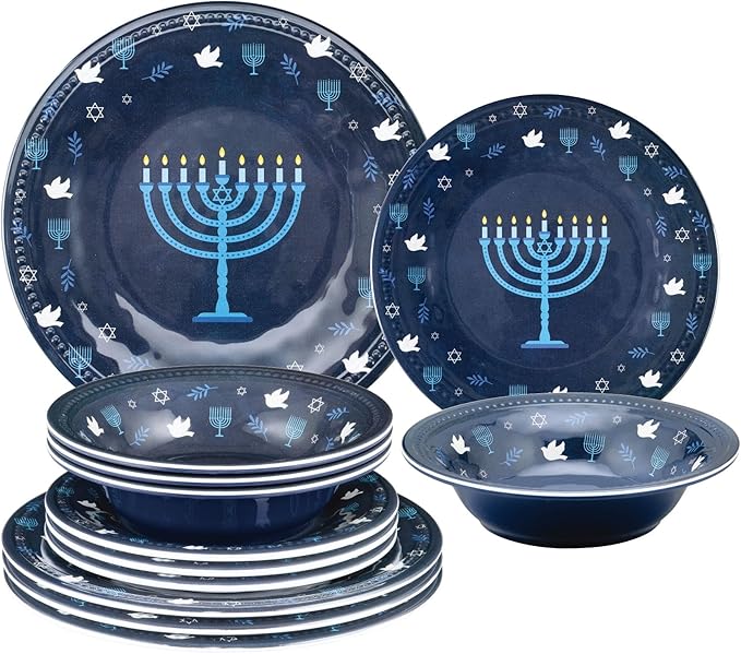 UPware 12 Piece Hanukkah Menorah Melamine Dinnerware Sets Outdoor Dishes Set Plates and Bowls Sets Hanukkah Decorations Service for 4 Indigo Blue