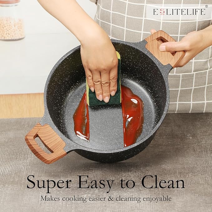 ESLITE LIFE Nonstick Cookware Sets 9 Pcs Granite Coating Pots and Pans Set Kitchen Cooking Set Compatible with All Stovetops (Gas Electric &amp Induction) PFOA Free Black