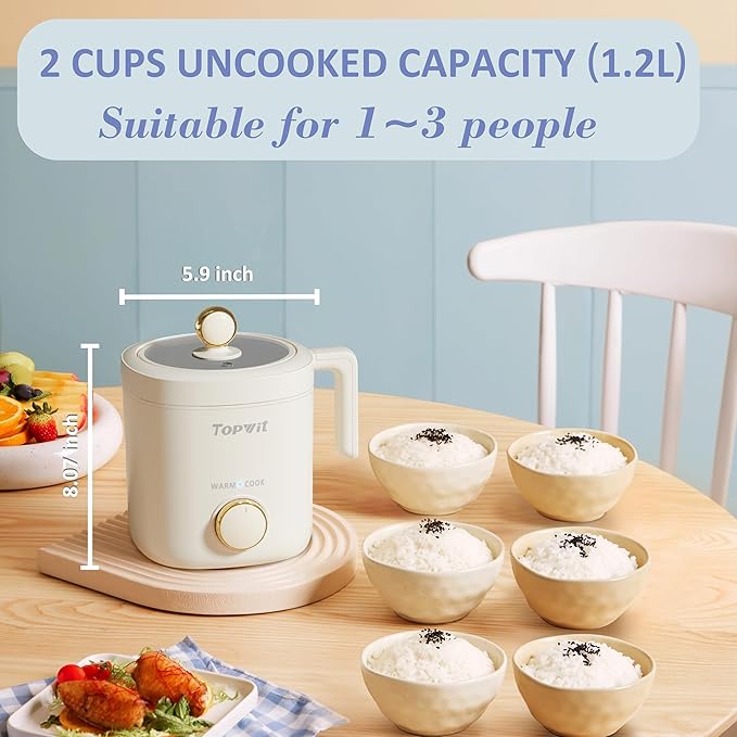 TOPWIT Rice Cooker Small Mini Rice Cooker 2 Cups Uncooked 1.2L Portable Rice Maker with Non-stick Coating BPA Free One Touch &amp Keep Warm Function Beige