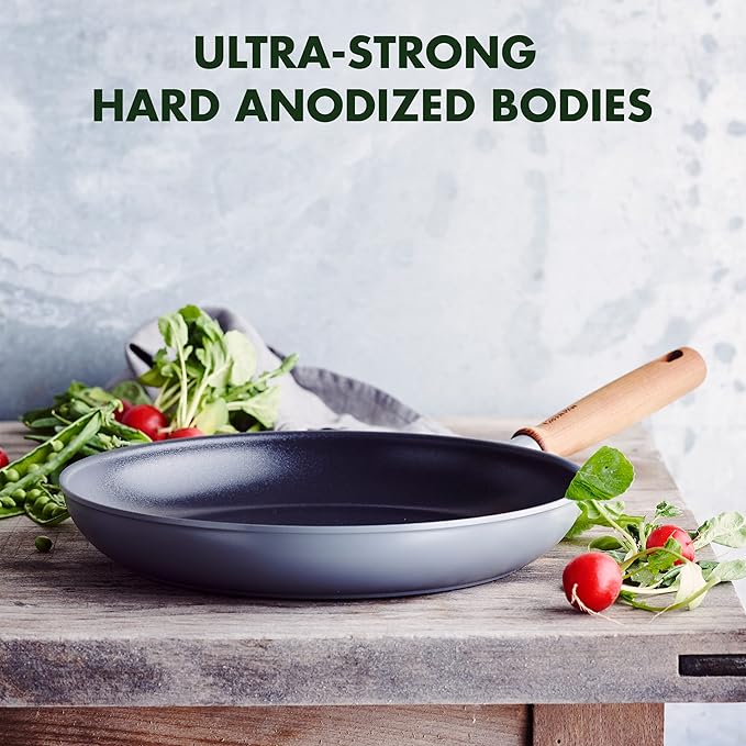 GreenPan Mayflower Pro Hard Anodized Healthy Ceramic Nonstick 12 Frying Pan Skillet Vintage Wood Handle PFAS-Free Induction Charcoal Gray