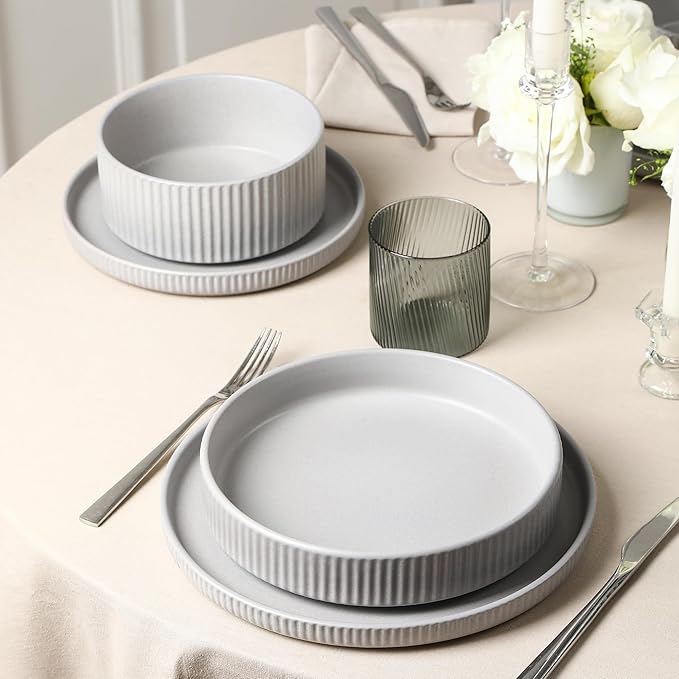 Stone Lain Haven Stoneware 32-Piece Dinnerware Set Plates and Bowls Sets for 8 Grey Dish Set Includes Dinner and Salad Plates Cereal Bowls Glassware Microwave &amp Dishwasher Safe