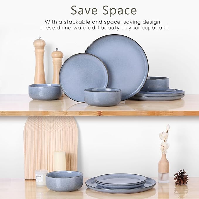 Herogo 6-Piece Stoneware Dinnerware Sets for 2 Stackable Dinner Plates and Bowls Sets Double Reactive Glaze Dishware Place Setting for Kitchen Scratch Resistant Microwave Safe Haze Blue