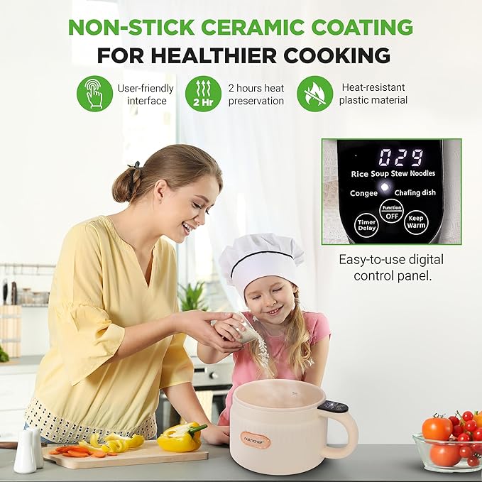 NutriChef 1.6 QT Portable Electric Rice Cooker &amp Lunch Maker | Multi-Functional &amp Non-Stick Ceramic Coating | Digital Control Panel | 6 Cook Functions: Rice Soup Stew Porridge &amp More |
