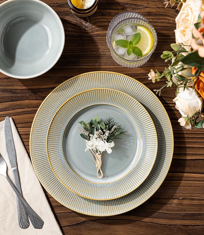TheTerra Stoneware Dinnerware Sets for 4 12 Pieces Ceramic Plates and Bowls Sets Scratch Resistant Embossed Dish Set Oven Microwave &amp Dishwasher Safe Desert Sage