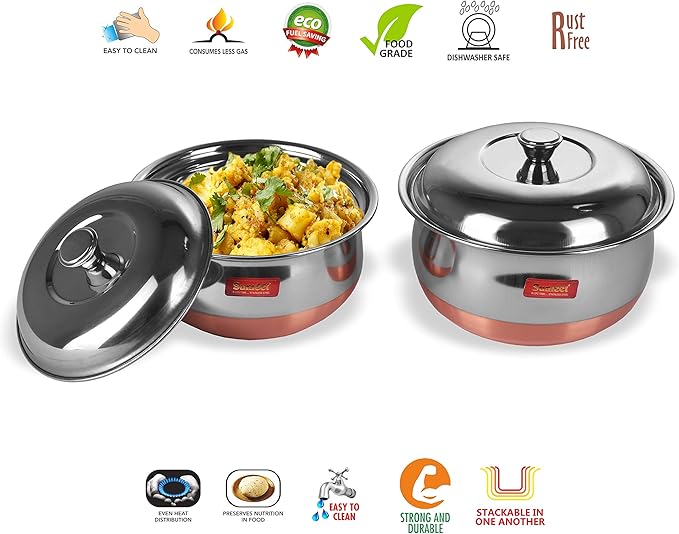 Sumeet Stainless Steel 2 Pieces Handi Pot Set 1.1 L 1.3 L 2 Piece (Steel) Mirror 1.1 liter