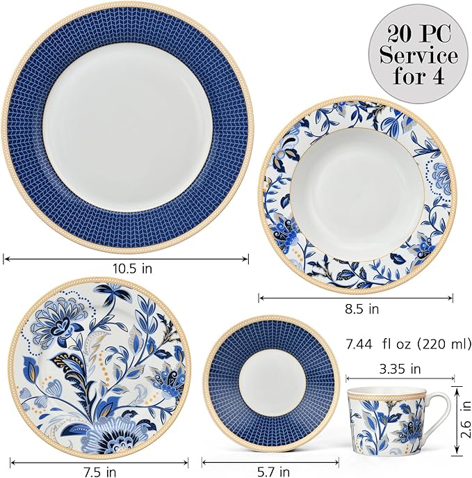 Bone China Dinnerware Set of 20 for 4 pers. Plates and Bowls Sets Dish Set Dinner Plates Set Dishes Set of 20 Stoneware Dinnerware Set (Melodie de Fleurs)