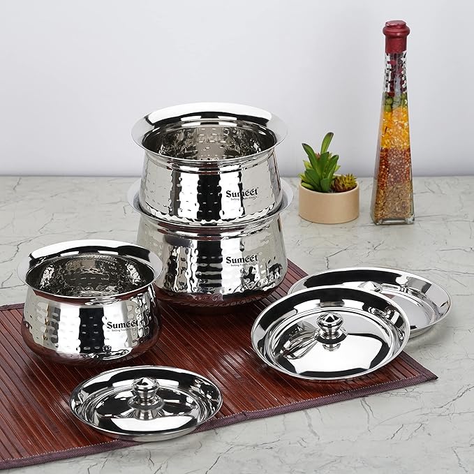 Sumeet Stainless Steel Handcrafted Hammered Texture Handi Set with Lid for Kitchen Set of 3 950ml 1300ml &amp 1700ml Silver