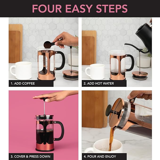 Farberware French Press Coffee Maker Tea &amp Espresso Maker Stainless Steel Cold Brew Press Heat-Resistant Borosilicate Glass BPA-Free Measuring Spoon Included 8 Cup Capacity (Rose Gold)