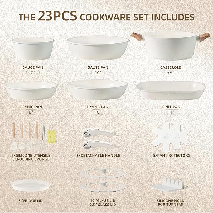 23pcs Ceramic Pots and Pans Set Nonstick Detachable Handle Cookware Induction Kitchen Cooking Set with Removable Handleinclude Frying Pans &amp Saucepans Oven Safe Induction Stackable Set