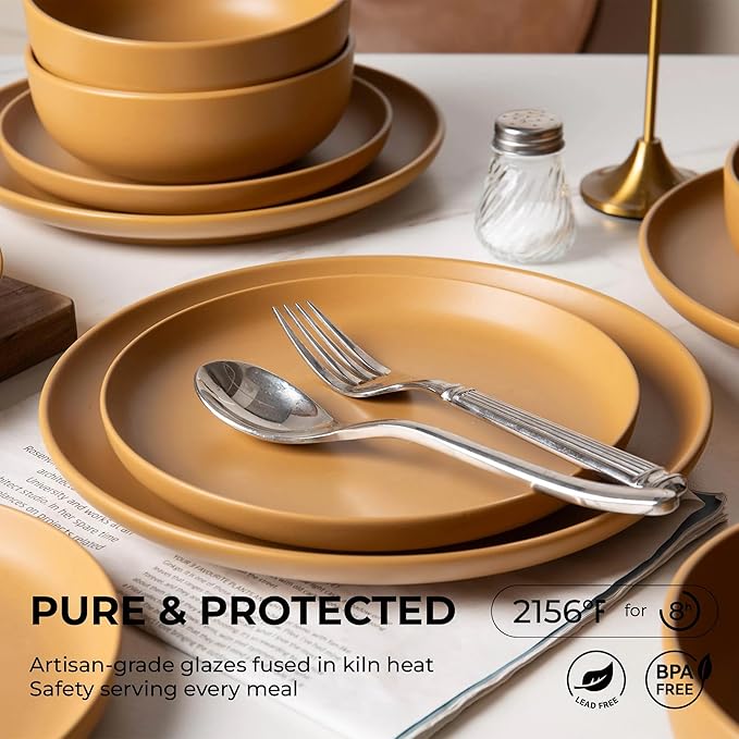 12-Piece Matte Orange Dinnerware SetStoneware Dinnerware for 3 Microwave &amp Dishwasher Safe Stackable Design for Kitchen and Dining - PlatesBowls and Mugs