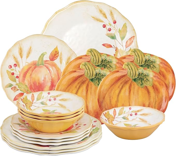 UPware 16 Piece Pumpkin Melamine Dinnerware Sets Outdoor Dishes Set Plates and Bowls Sets Autumn Thanksgiving Decorations Service for 4 Orange