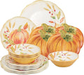 UPware 16 Piece Pumpkin Melamine Dinnerware Sets Outdoor Dishes Set Plates and Bowls Sets Autumn Thanksgiving Decorations Service for 4 Orange