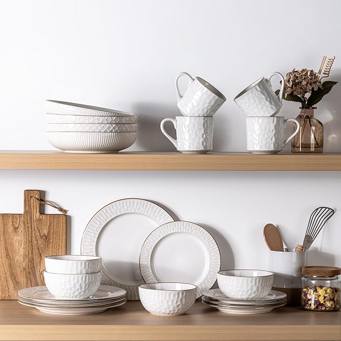 GBHOME Ceramic Dinnerware Sets18 pcs Embossed Elegant Stoneware Plates and Bowls Sets Housewarming Wedding Gift | Dishwasher &amp Microwave Safe | Dishes Set Service for 6