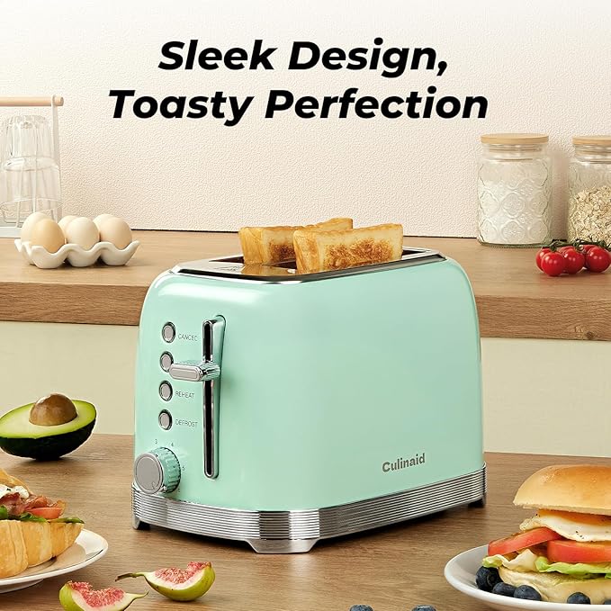 Toaster 2 Slice Retro Stainless Steel with 1.5” Extra Wide Slots Bagel Defrost Reheat Cancel Functions 6 Bread Shade Settings Removable Crumb Tray Aqua Green
