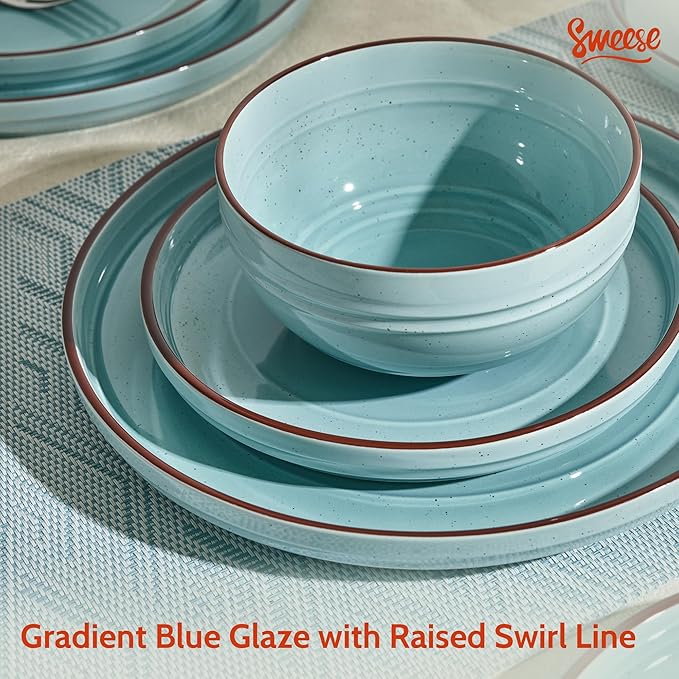 Sweese Plates and Bowls Sets Porcelain Dinnerware Sets for 6 18 pcs Handcrafted Glaze Embossed Dinner Set Scratch Resistant Dishware Dishwasher Oven Microwave Safe Ceramic Dish Set Gradient Blue