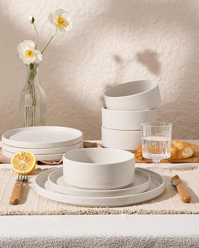 Famiware Nebula Plates and Bowls Sets 12 Pieces Stoneware Dinnerware Sets Reactive Glaze Dish Set Dishes Set for 4 Matte Beige White