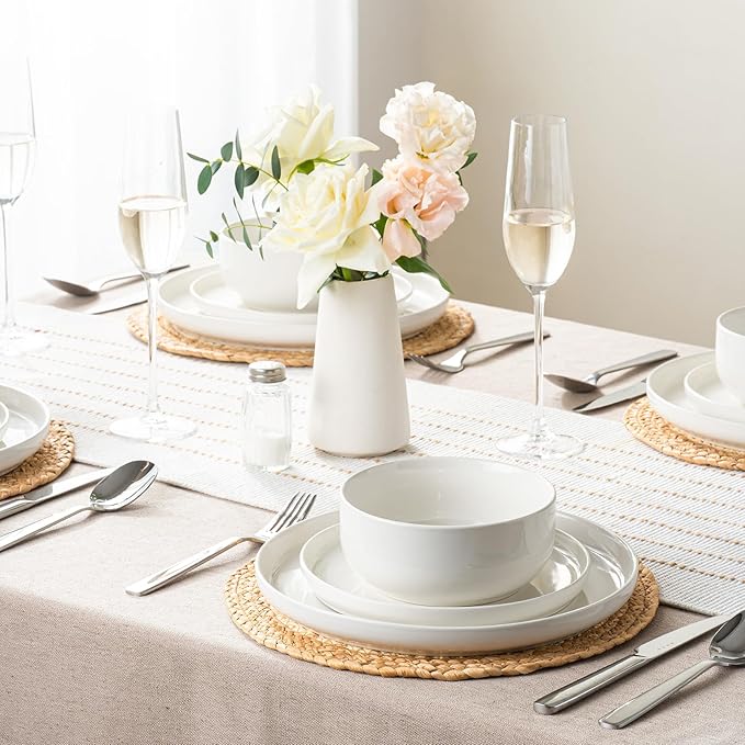 EWFEN Plates and Bowls Sets 24 Pieces Ceramic Dinnerware Set for 8 Stoneware Dishware Dishes Set Scratch Resistant Dishes Set Dishwasher &amp Microwave Safe White