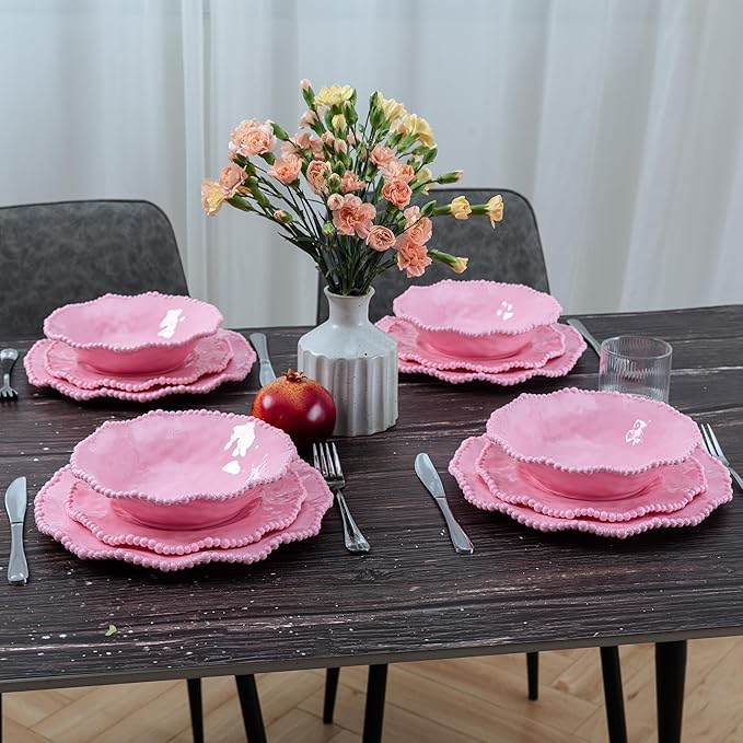 Pink Dishes Melamine Dinnerware Sets 18 Piece Kitchen Plates and Bowls tableware Set Lightweight BPA free Beaded Serving Dishes for Girls Valentine's Day Mother's Day. Service for 6.