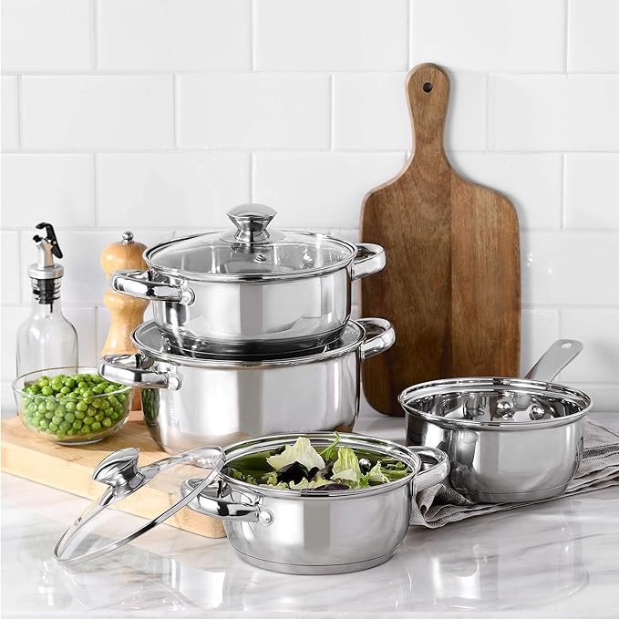 San Ignacio 7-Piece Cookware Set in Stainless Steel + Set of 3 Frying Pans 16/20/24 cm