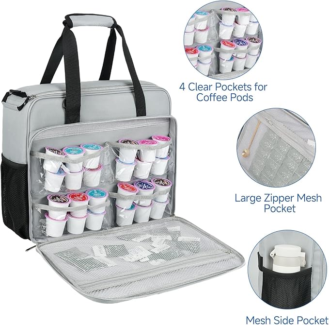 Coffee Maker Travel Bag Compatible with Keurig K-Slim/K-Express/K-Iced/Ninja PB051/PB041STSingle Serve Coffee Brewer Carrying Case with Multiple Pockets for K-Cup PodsGrey(Bag Only)