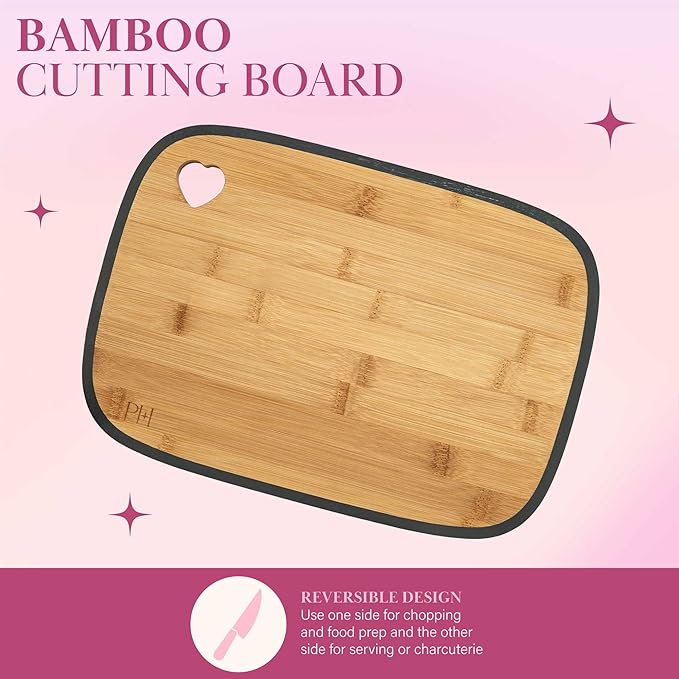 Paris Hilton Reversible Bamboo Cutting Board and Cutlery Set with Matching High Carbon Stainless Steel Knives Blade Guards Sleek Yet Comfortable Handle Grips 7-Piece Set Gold Charcoal Gray