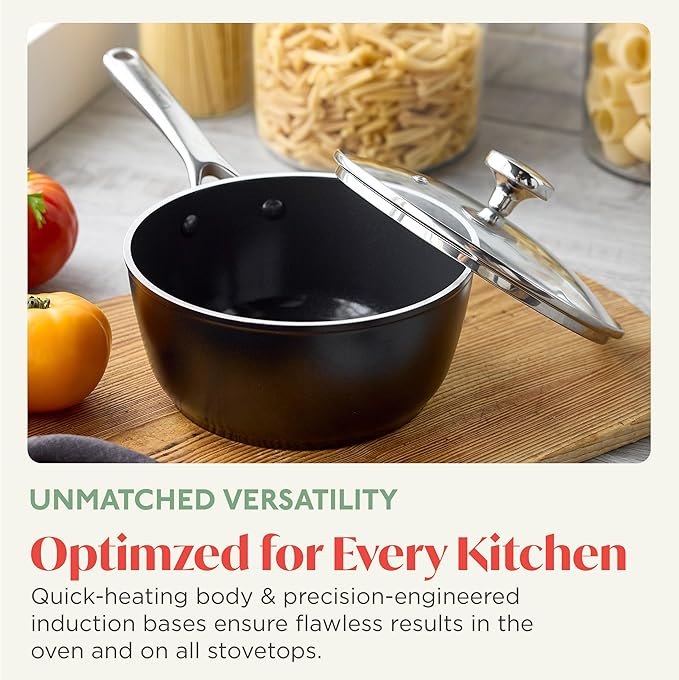 Orfeo 2.4QT Nonstick Saucepan with Lid Made in Italy Diamond Ceramic PFAS-Free Cookware Induction Ready Scratch Resistant Laser-Fused Surface for Durability Dishwasher Safe Black