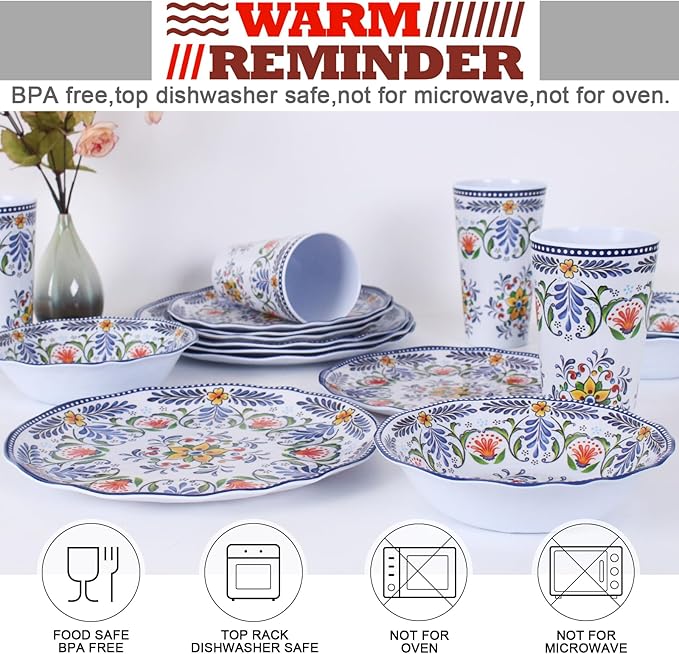 Melamine Dinnerware Set for 4-16 Pcs:Camping Dishes Set with Dinner PlatesSalad PlatesCups and Bowls.Lightweight and UnbreakableIndoor and Outdoor Use flower28