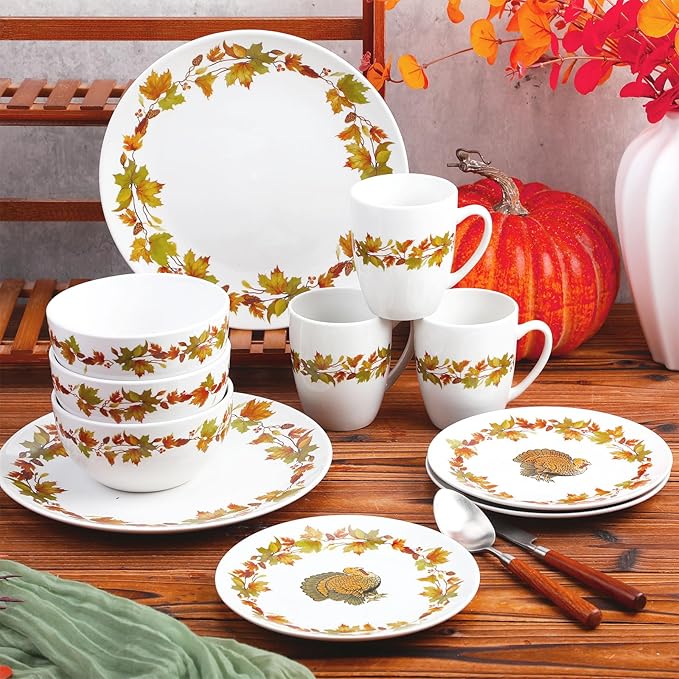 16 Pcs Thanksgiving Dinnerware Sets for 4 Rustic Autumn Tableware Fall Thanksgiving Salad Plate Harvest Soup Cereal Bowl Mug Dinnerware Sets with Berry Fall Maple Leaves Turkey Service