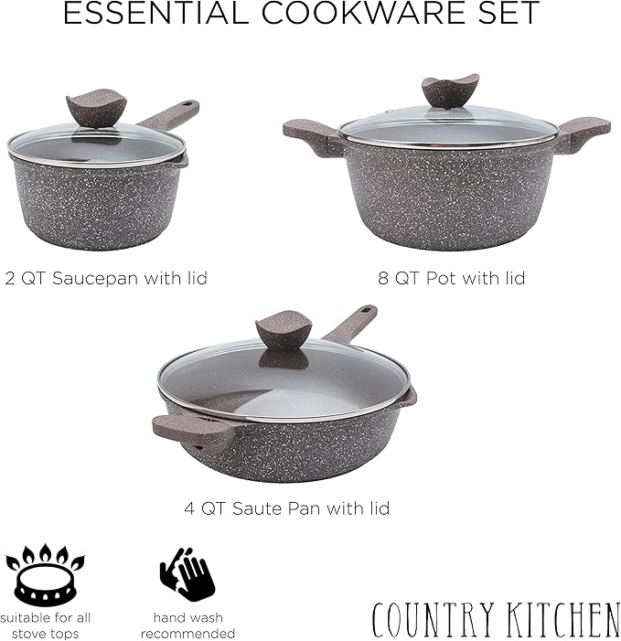 Country Kitchen Non-Stick Cast Aluminum Cookware Set - Durable Kitchen Cookware for Everyday Cooking Chocolate Brown 6 Pc.