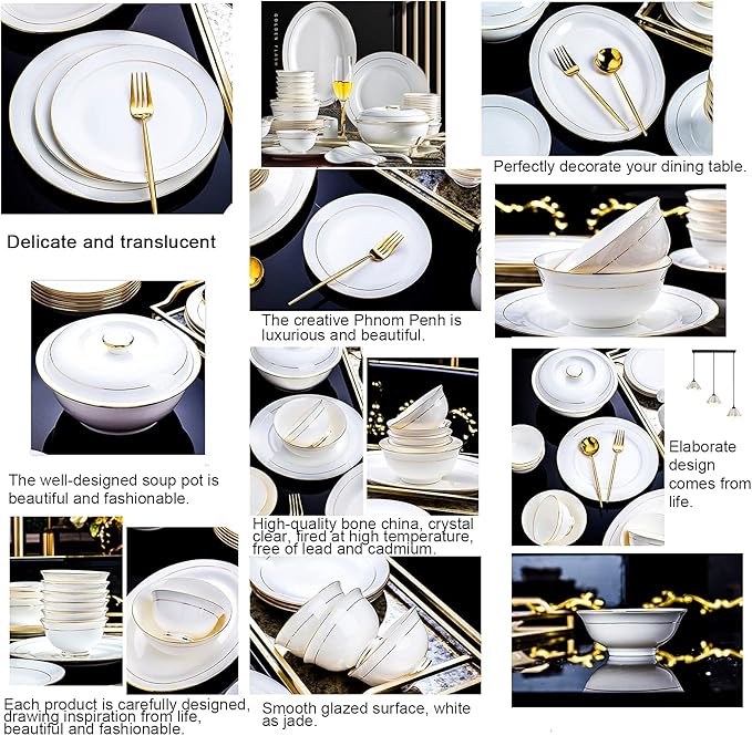 42 Pieces Dinner Set for 6 White Porcelain Bone China Kitchen Combi-Set Tableware Set with Cereal Bowl Bowls Dessert Plates Soup Plates Dinner Plates with Gold Rim