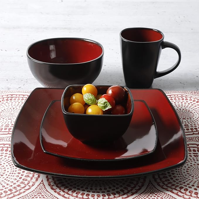 Gibson Elite Soho Lounge Square Reactive Glaze Stoneware Dinnerware Set Service for 8 (40pc) Red/Black