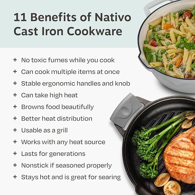 NATIVO 5pc Stackable Cast Iron Cookware Set Versatile Enamel Dutch Oven Seasoned Grill Pan &amp Enamel Braiser with Precision Pour Spouts Universal Lid Included Spacers/Handle Holders White Dutc