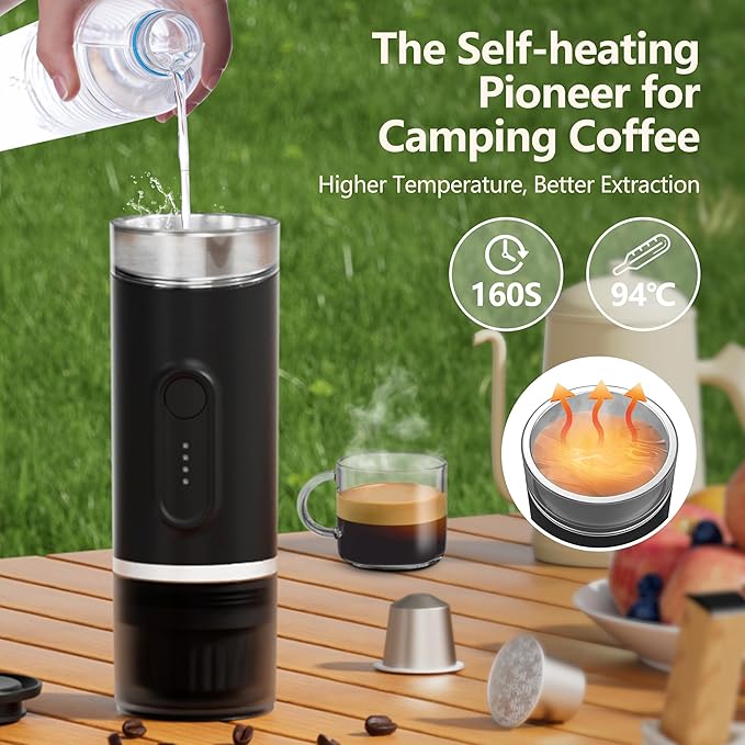 Portable Electric Espresso Machine Self-Heating Travel Coffee Maker with USB-C Compatible with Ground Coffee &amp NS Capsules Ideal for Camping Car RV Hiking &amp Office (Black)