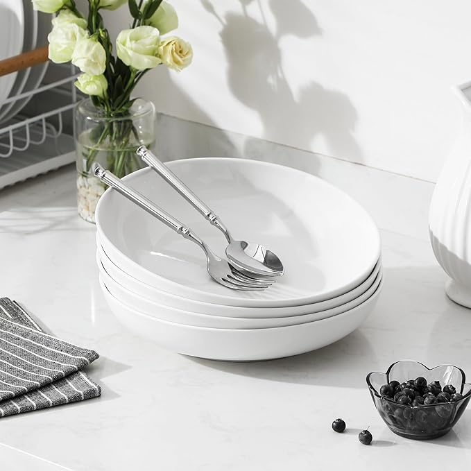 MALACASA 24 Pieces Porcelain Dinnerware Set Bundles 56 OZ White Pasta Bowls Set of 4