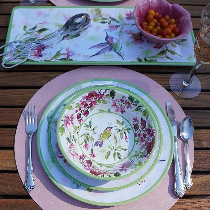 Hummingbirds 12-Piece Melamine Dinnerware Set – Service for 4 with Dinner Salad and Bowls – Lightweight Durable Dishwasher Safe Floral Hummingbird Design for Indoor &amp Outdoor Dining