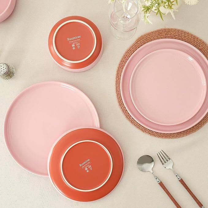 24 Piece Dinnerware Set Dual Glaze Stoneware Plates and Bowls Sets Modern Dinner Plate Salad Plate Cereal Bowl Dish Set for 8 Microwave and Dishwasher Safe Pink