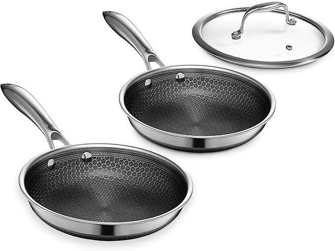 HexClad Hybrid Nonstick 3-Piece Cookware Set 8 Pan 8 Lid and 10 Pan Stay-Cool Handles Dishwasher and Oven-Safe Induction Ready Compatible with All Cooktops