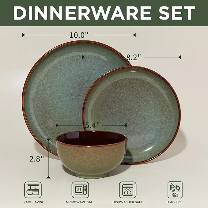 Stoneware Dinnerware Sets 12-Piece Ceramic Plates and Bowls Sets for 4 Sage Green Microwave and Dishwasher Safe 10 Inch Dinner Plates 8.2 Inch Salad Plates 5.4 Inch Bowls