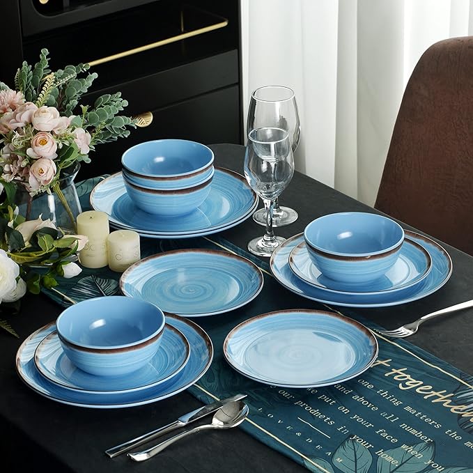 Melamine Dinnerware Set Plates And Bowls Sets for 4 12PCS Blue Color Dinnerware Sets Unbreakable Dinnerware Dishwasher Safe BPA Free(Blue)