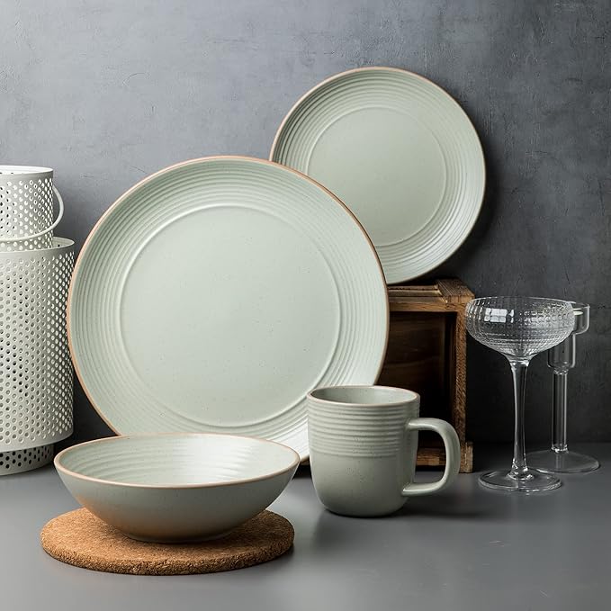 RINGAR Round Stoneware 16pc Double Bowl Dinnerware Set for 4 Dinner Plates Side Plates Cereal Bowls Pasta Bowls - Speckle Matte White (405878)