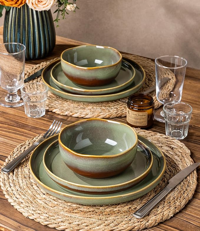 TheTerra Ceramic Dinnerware Sets for 4 12 Pieces Handmade Reactive Glaze Plates and Bowls Sets Scratch Resistant Dish Set Oven &amp Microwave &amp Dishwasher Safe Brown Green