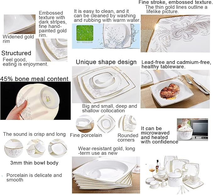50 Pieces Square Dinner Set for 10 PeoplePorcelain Kitchen White Bone China Dinning Dinnerware Combination Set with Cereal Bowls Dessert Plates Dishes and Soup Pot Microwave and