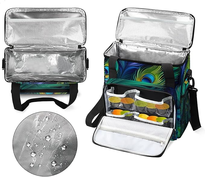 Peacock Feather Travel Coffee Maker Carrying Bag Large Organizer Storage Tote Bag Insulated Reusable Cooler Grocery Bags