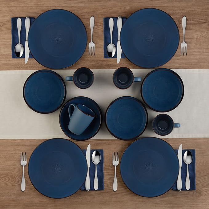 Pfaltzgraff Pierce Blue 16-Piece Dinnerware Set - Durable Stoneware Service for 4 with Unique Reactive Glaze - Includes Plates Bowls Mugs - Dishwasher Safe &amp Microwave Safe for Everyday Dining
