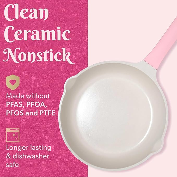 Nonstick Cast Aluminum Cookware Set with Ceramic Coating Pink Fry Pans Saucepan &amp Dutch Oven (10-Piece set)