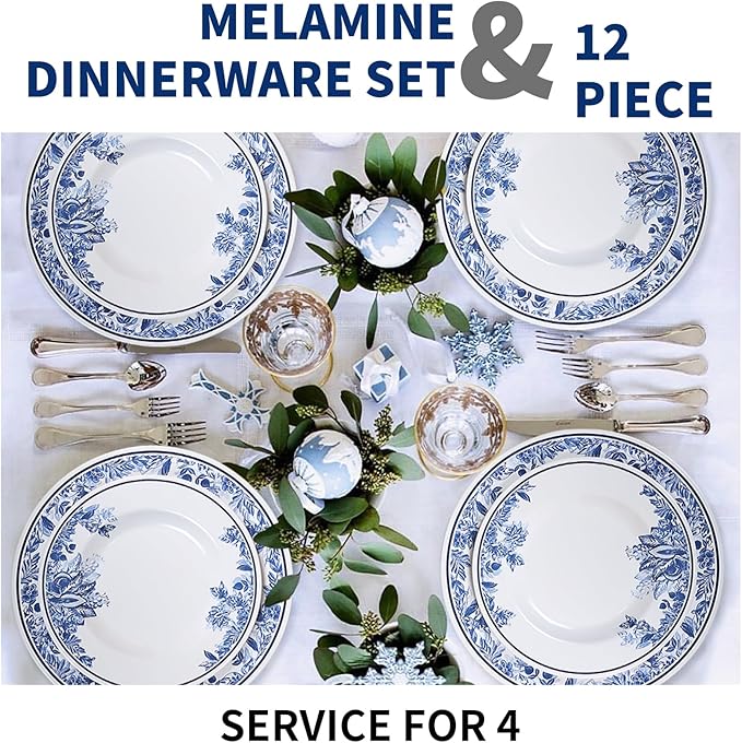 Melamine Dinnerware Sets-12pcs Floral Dinnerware Set Service for 4 Blue White Plates and Bowls Sets Dishwasher Safe Break-resistant Outdoor Camping Picnics Use Reusable Traditional Flower
